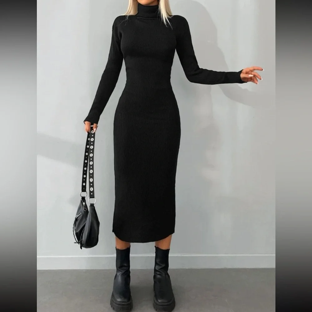 Luxe black high neck sweater bodycon dress - Picture 2 of 16